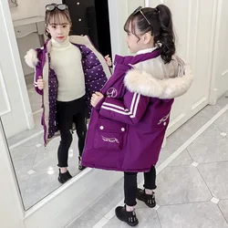 Inverno coelho pele grandes bolsos pesado quente criança longo casaco de algodão do bebê meninas jaquetas crianças outerwear para 3 14 anos de idade