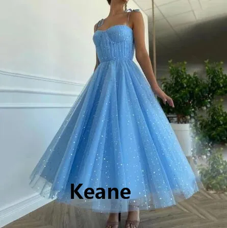 

Sexy Sweetheart Tulle Evening Dresses Spaghetti Strap Tea Leangth Prom Dress High Waist Evening Gowns Party Dress Robe de soiree