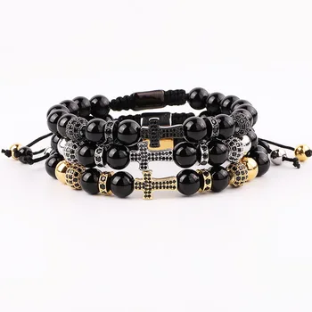 New Fashion High Quality Cubic Zirconia Pave Cross Charm Natural Stone Black Agate Beaded Macrame Bracelet Men Women