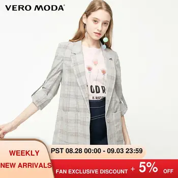 

Vero Moda Women's Vintage Lapel Plaid H-shaped 3/4 Sleeves Suit Jacket Blazer | 319308550