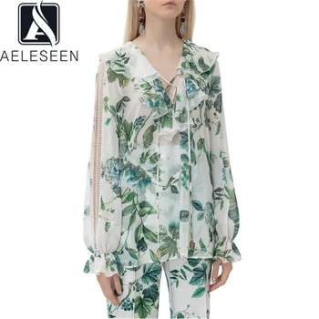 

AELESEEN Runway Fashion Summer Autumn Blouse Designer Princess Ruffles Dress V-Neck Hollow Out Sleeve Officie Party Blouse