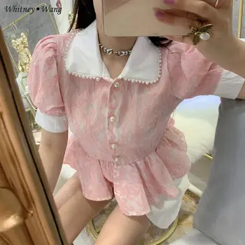 

WHITNEY WANG Blouses 2020 Summer Fashion Streetwear Vintage Pearls Edging Lace Patchwork Blouse Women Blusas Lady Shirt Top