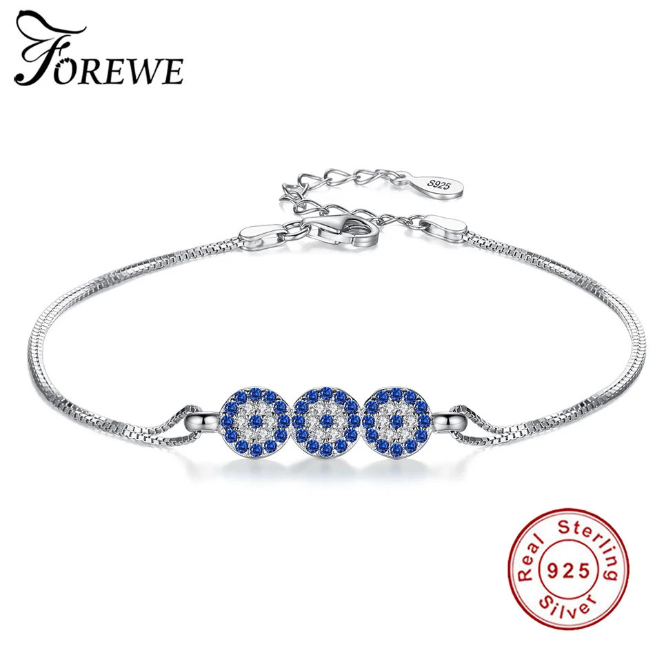 Летние Новые Роскошные Настоящее серебро 925 проба синий счастливый глаз браслет с Хрустальная цепочка браслет для женщин модные ювелирные изделия