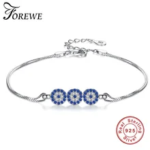 Летние Новые Роскошные Настоящее серебро 925 проба синий счастливый глаз браслет с Хрустальная цепочка браслет для женщин модные ювелирные изделия