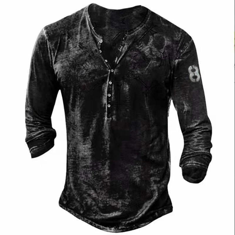 Vintage Pattern Printed Long Sleeve T-shirts Men's Fashion Loose Tees Autumn Casual Buttoned V-Neck Tops For Men Streetwear | Мужская