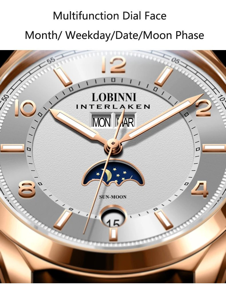 Швейцарские роскошные Брендовые Часы LOBINNI, Мужские автоматические механические часы, многофункциональные сапфировые часы с фазой Луны L18016-1