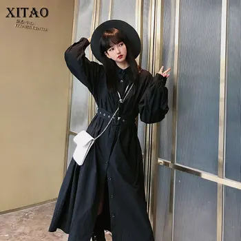 

XITAO British Style Popular Women Dress Long Sleeve Turn Down Collar Single Breasted Korean Style Long Dress with Belt DMY3870
