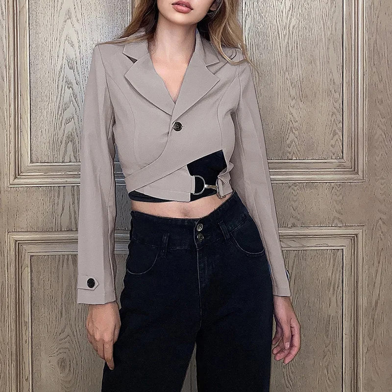 

NCLAGEN Women Slim Fitness Irregular Patchwork Blazer Coat Long Sleeve Cropped Top 2020 Autumn Streetwear Suit Outerwear Clothes