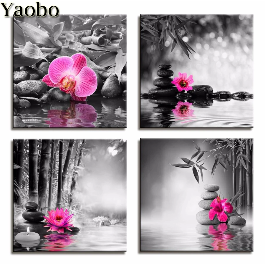 5d Bricolage Diamant Peinture Orchidee Bambou Zen Pierre Point De Croix Plein Carre Rond Diamant Broderie Mosaique Autocollant 4 Pieces Ensemble Decor Aliexpress
