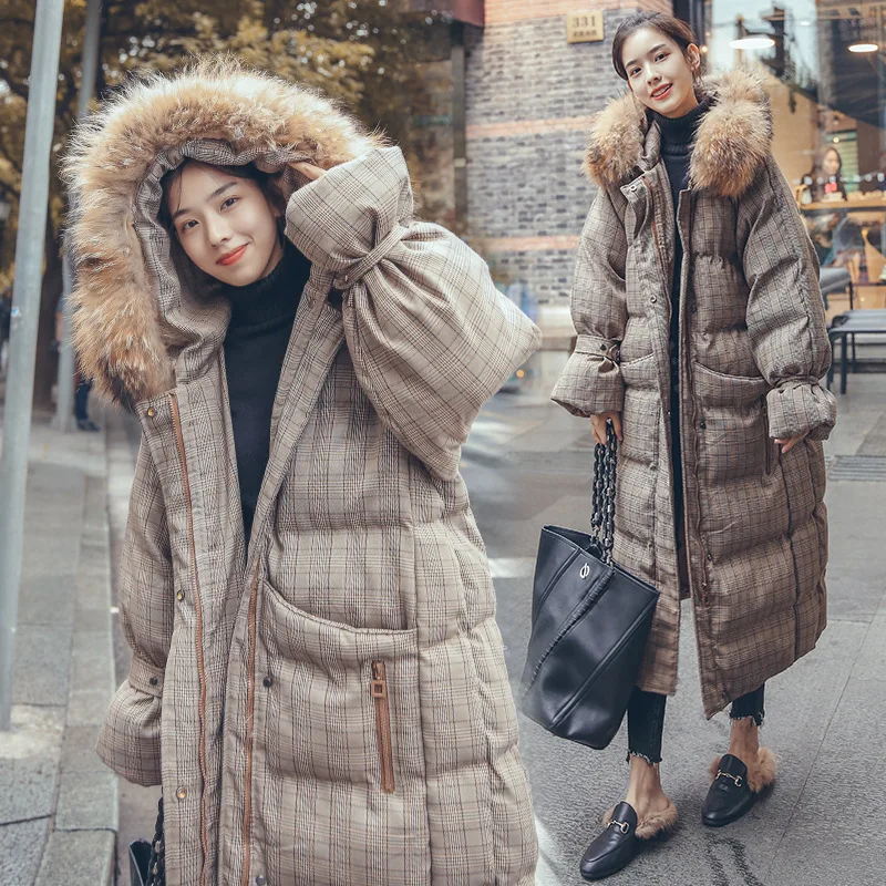 

Cotton Coat Women's 2019 New Style Large Fur Collar Cotton-padded Clothes Women's Long over-the-Knee Winter Korean-style Plaid I