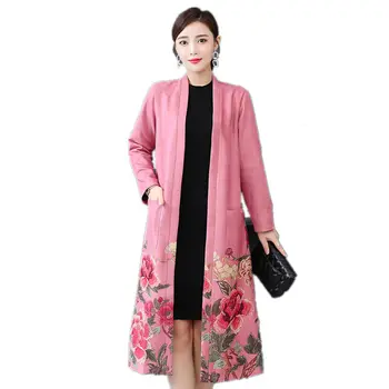 

Spring Autumn Suede Windbreaker Femme Vintage Long Trench Coat Women Elegant Suede Print Coat Outerwear Plus Size Cardigan Q2297