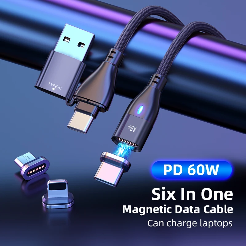 AUFU 6 in 1 60W PD Fast Charger Cable USB C To Type C Micro Magnetic Data Cables for iPhone Charging Wire for Macbook laptop