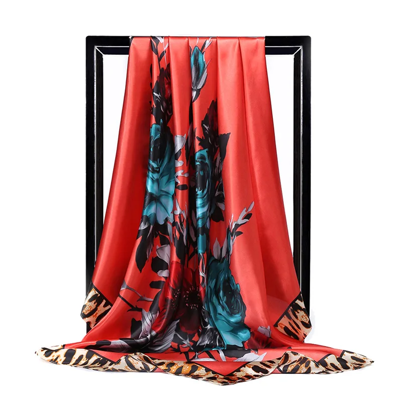 Весенне-летний цветной шелковый шарф с масляным цветочным принтом, Женский Большой сатиновый хиджаб, шарфы, платок, шаль, обертывания 90x90 см - Цвет: RED