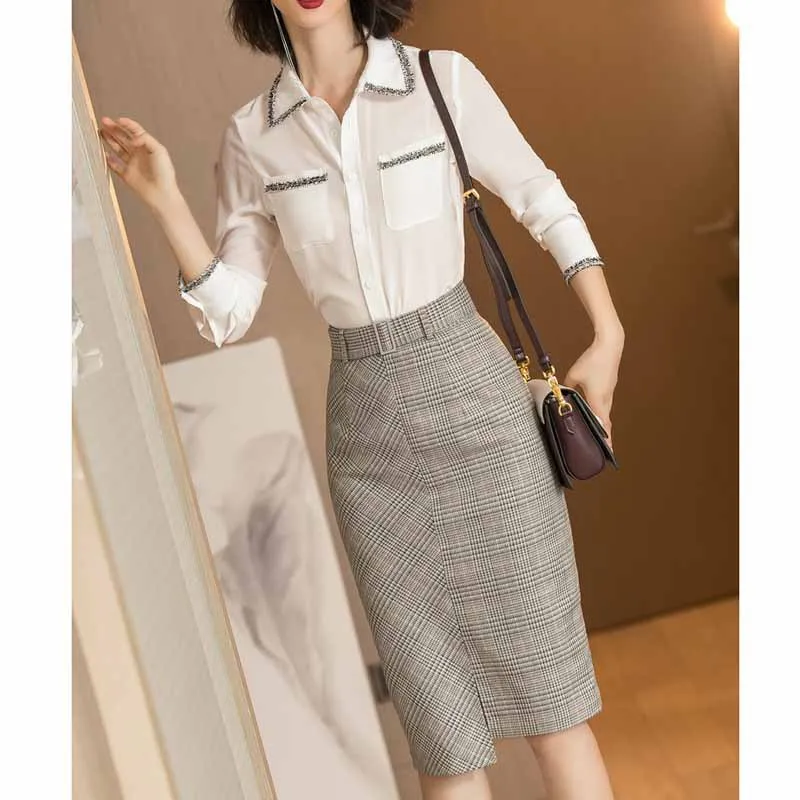 

2019 Spring And Summer New Style Fashion Set Real Silk Long-sleeved Shirt Plaid Slit Skirt Two-Piece Women's-