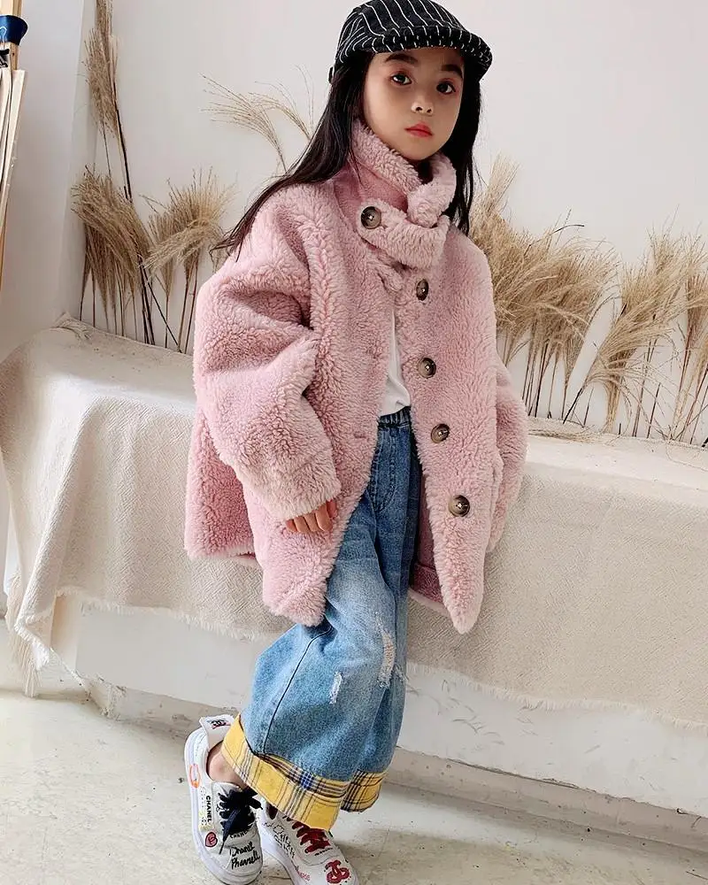 Г. Осень-зима, Новое Детское пальто с натуральным овечьим мехом для девочек Детская Повседневная плотная теплая куртка для девочек натуральная шерсть верхняя одежда K147