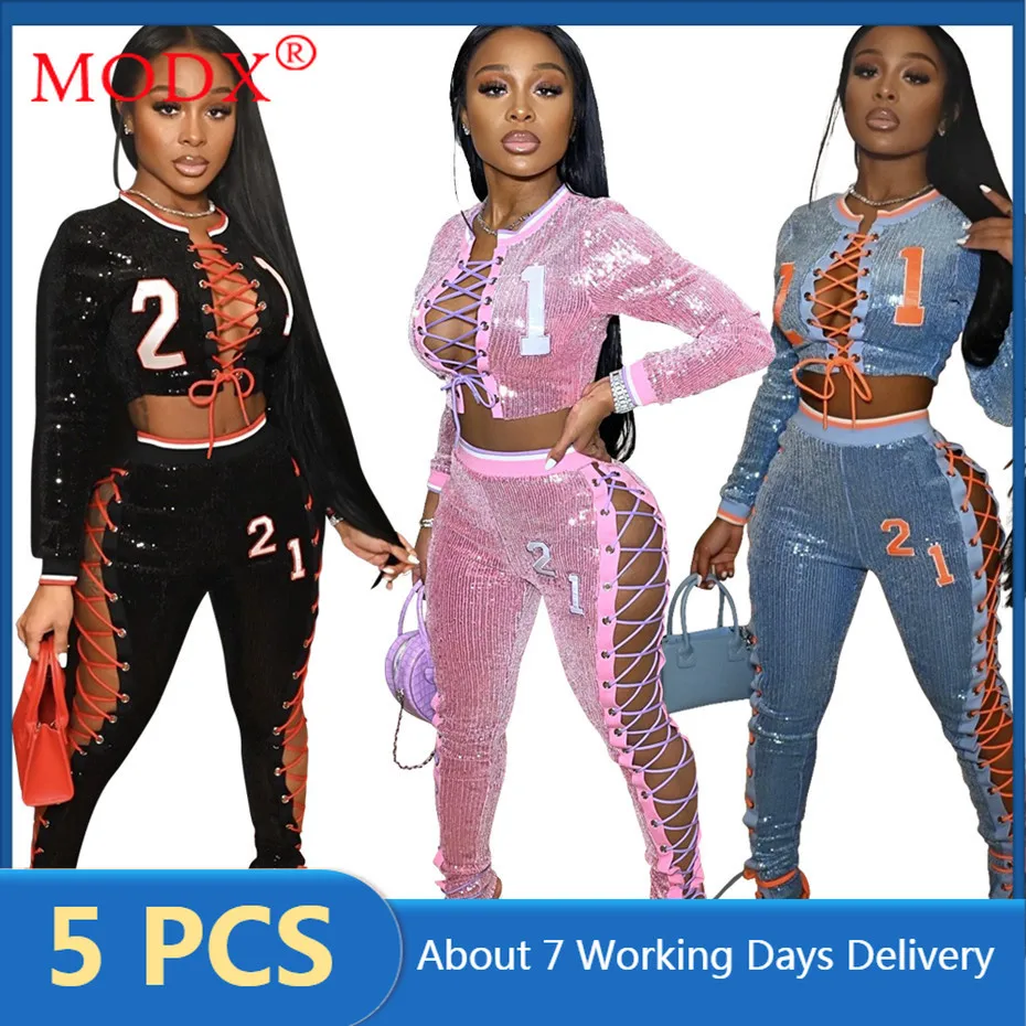 Fall Women Tracksuits Bomber Jacket + Legging Sexy Sequins 2 Piece Set Outfits Bandage Lace Up