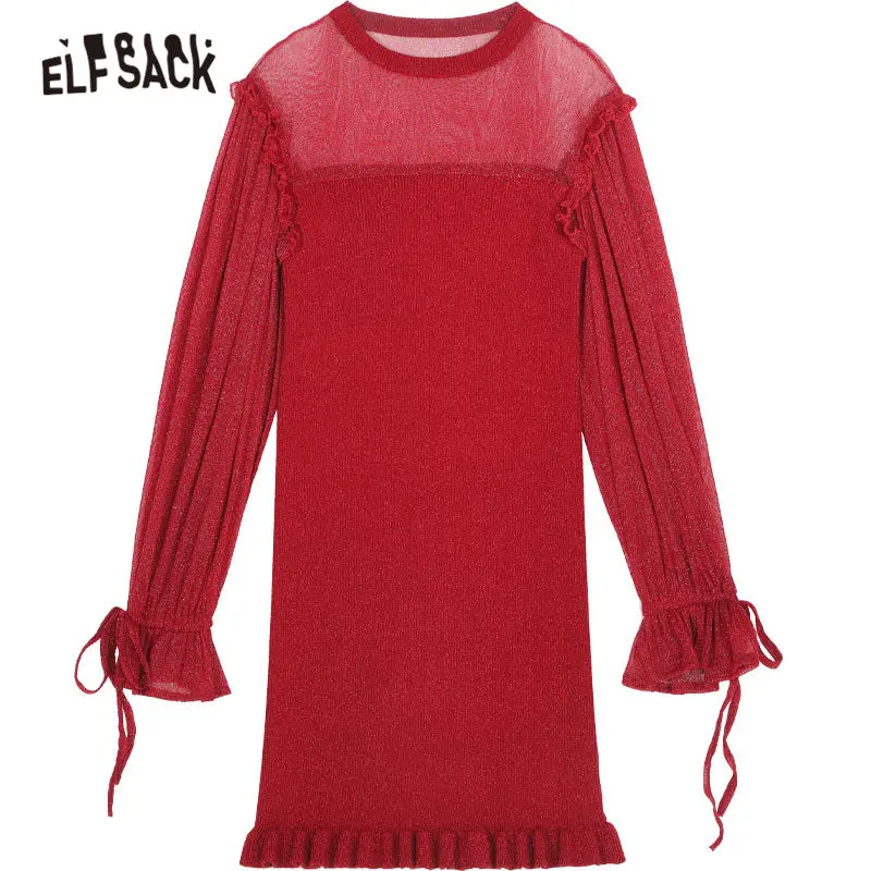 ELFSACK красный контрастной сеткой воланом оборками элегантное мини платье Для женщин осенние черные сексуальные облегающие Женские офисные платья - Цвет: Красный