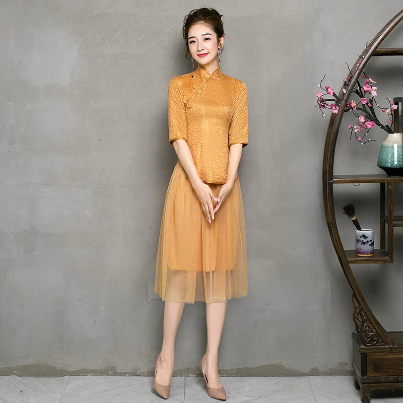 2 шт./компл. Чай с фатиновой юбкой с Винтаж традиционный Cheongsam Элегантные платья невесты Гостевая Свадебная вечеринка Qipao vestidos mujer - Цвет: B3 midi gold