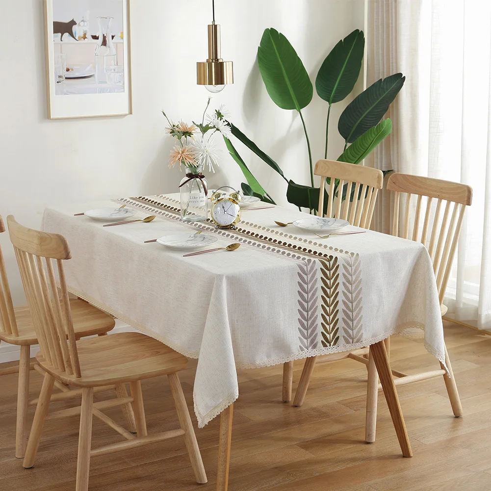 Desk Cover Leaf Pattern Kitchen Home Decor Table Cloth Waterproof Living Room Elegant Embroidery Linen Anti Dust Rectangle