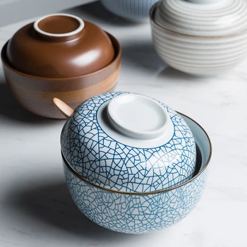 

Japanese tableware with lid single ceramic bowl creative home heat-resistant steamed egg bowl large instant noodle bowl LB70103