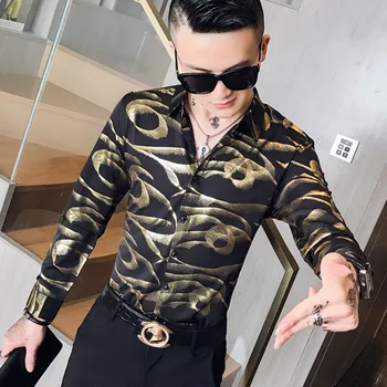 

Gold Long Sleeve Shirt Men Camisa Social Masculina Casual Slim Fit Men Dress Shirts Night Club Party Male Clothing Chemise Homme