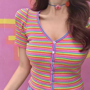 

V Neck Chic Knitted Colorful Stripe T-shirt Women Clothes Cropped Bodycon Casual Summer Top Tee 2019 Tshirt Short New