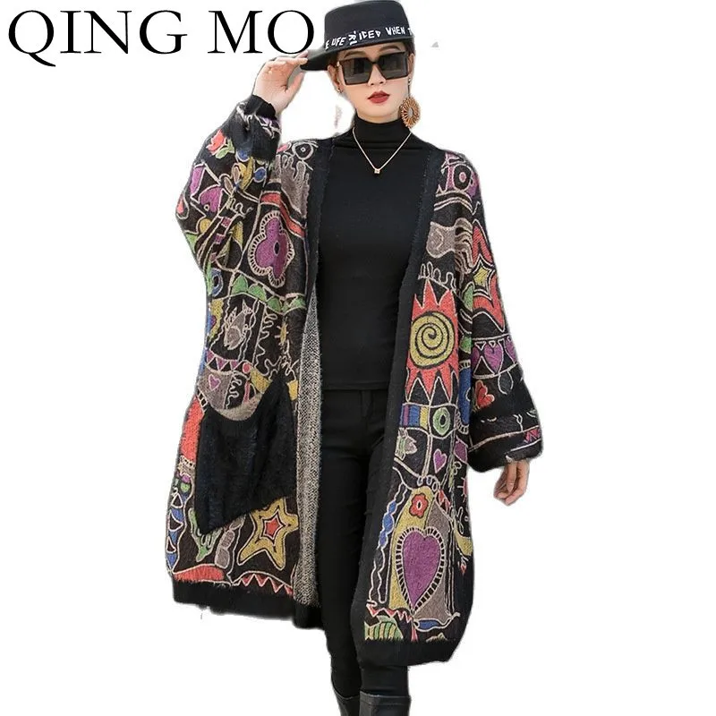 QING MO Fashion Plus Size Thick Mink Cardigan Sweater Women 2022 Spring Winter New Loose Knitted Jacket ZWL1247 |
