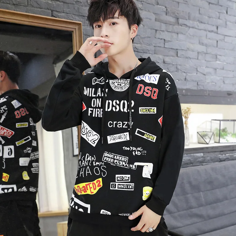 

2019 Casual Loose Hoodies For Male Teenagers Multi Signs Printed Black White Yellow Hip Hop Sweatshirts Spring Autumn Sportwear