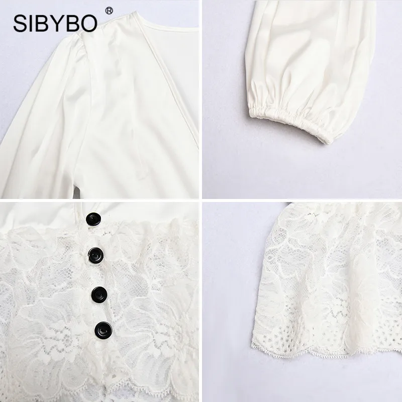 SIBYBO, кружевные вязанные крючком сексуальные женские топы, Весенняя тонкая футболка с длинным рукавом, Женская однотонная летняя укороченная футболка с v-образным вырезом для женщин