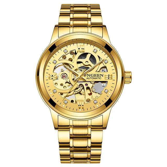 Мужские светящиеся механические часы FNGEEN Скелет автоматические часы из нержавеющей стали сетчатый ремешок Мужские наручные часы - Цвет: GOLD-S