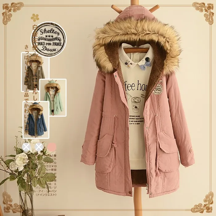 

Japanese autumn and winter new student women's plus velvet thick Hooded Medium and long section Flocking clothing cotton coat