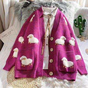 

Print V Neck Knitted Cardigan Women Jacket 2020 Autumn New Knit Female Cardigan Loose Streetwear Knit Sweater Coat Cute Cartoon