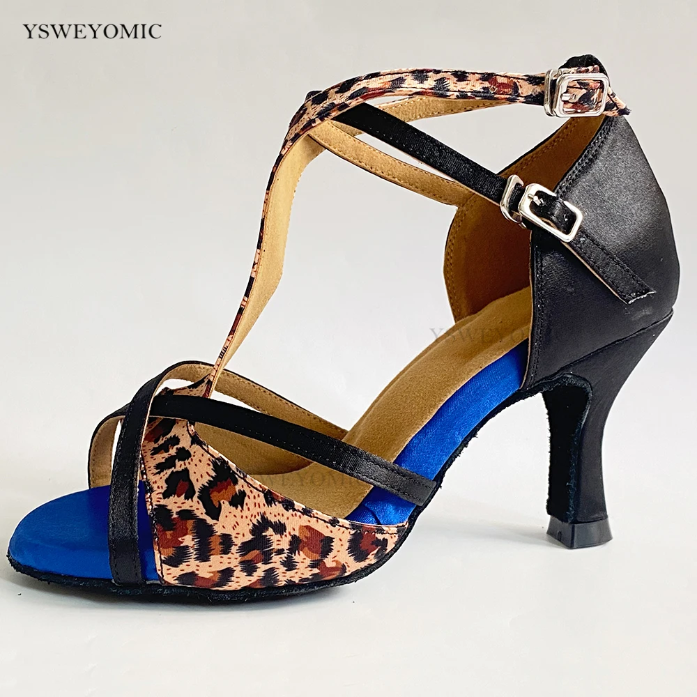 Latin Salsa Dance Shoes Medium Heel 7cm 3.5inch Leopard Blue Mixed Satin Suede Outsole Bachata  Latin Dance Shoes For Women