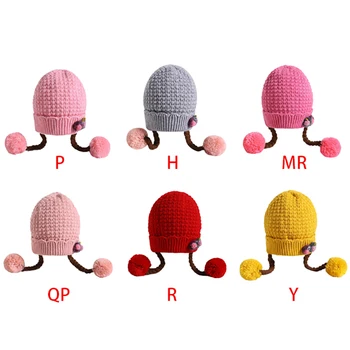 

Toddler Kids Baby Girl Braid Wool Floral Ball Design Winter Warm Cotton Hat Cap With Fake Braids for Children Baby hat