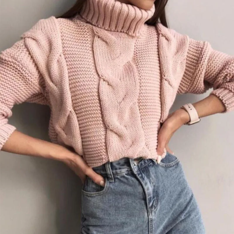 

Autumn Winter Short Sweater Women Knitted Turtleneck Pullovers Casual Soft Jumper Fashion Long Sleeve Pull Femme