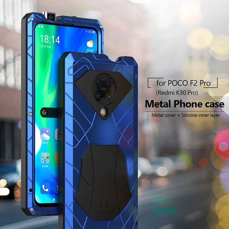 For Xiaomi POCO F2 Pro Redmi K30 Pro POCO X3 NFC Pro Case Hard Aluminum Metal Heavy Duty Protection Cover with Tempered Glass