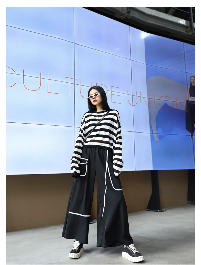 [EAM] High Elastic Waist Black Pocket Split Long Wide Leg Trousers New Loose Fit Pants Women Fashion Spring Autumn 2020 1X812