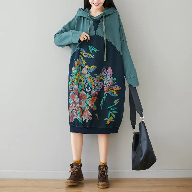 Johnature осенне-зимнее свободное удобное хлопковое платье корейского размера плюс с капюшоном новые женские платья для отдыха в стиле ретро с цветочным принтом - Цвет: Синий