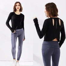 Женская рубашка для йоги с длинным рукавом, открытая спина, фитнес-футболка с отверстиями для большого пальца, топы для тренировок, спортивная одежда для женщин