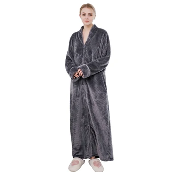 

Women Flannel Long Sleeve Bath Dressing Gown Warm No Lint With Pockets Solid Autumn Winter Thick Soft Night Zipper Up Hooded