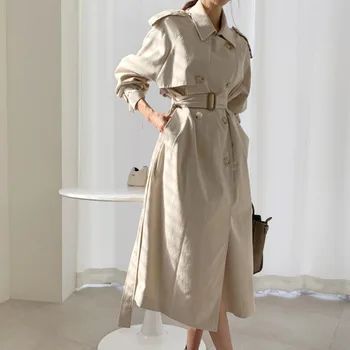 

Korean Casual Autumn Winter Long Trench Coat Women Double Breasted With Belt Lady Slim Outerwear Fashion Female Windbreaker