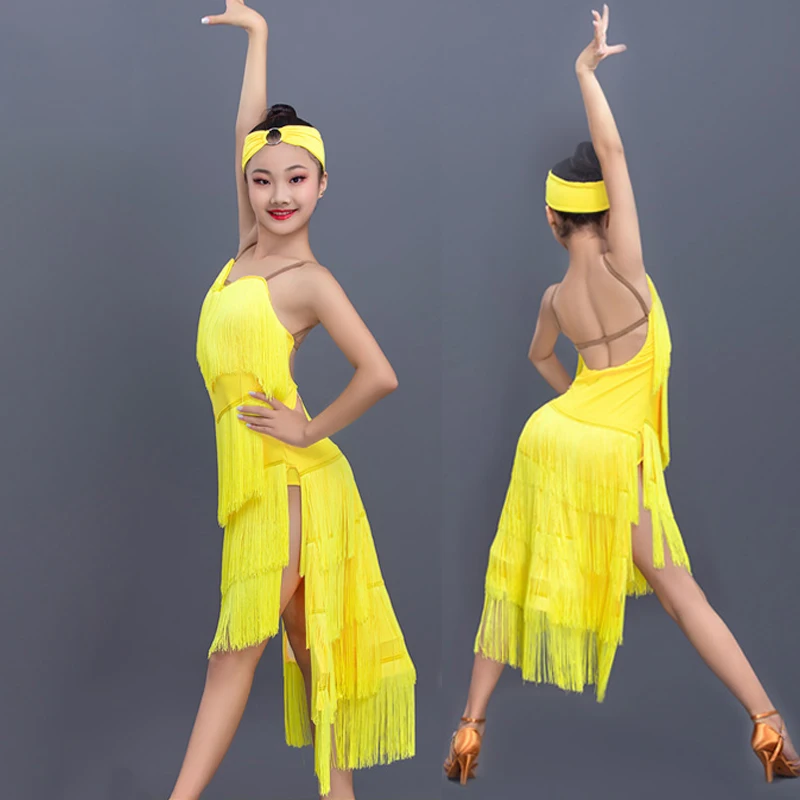 

Latin Dance Dress Girls Fringe Dress Performance Tassel Costume Sexy Summer Party Outfit Cha Cha Competition Yellow Dress 3493