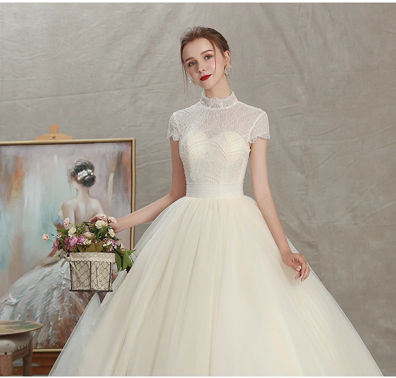 Принцесса Высокая шея Тюль с короткими рукавами Свадебные платья бальное платье Кружева бисером декор кружева сзади Свадебное Платье