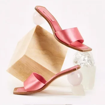 

High Quality Transparent Perspex Clear Crystal Round Ball Heel Women Slippers Summer Mules Slides Square Toe Shoes yuik8