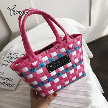 

YBYT Brand design woven handbags for women 2020 fashion casual tote bag multicolor PU leather female Vacation beach bag shopping