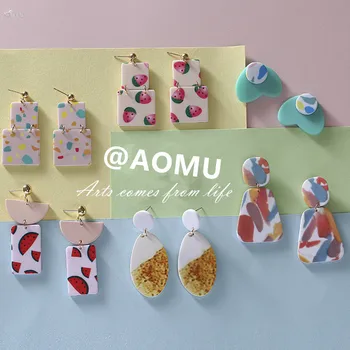 

AOMU 2020 Korea Summer Colorful Printed Fruit Watermelon Geometric Square Heart Earrings for Women Party Jewelry