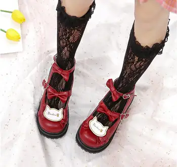 

Lolita Shoes Platform Bowknot Cat Retro Women Shoes Flat Sole Japanese Single Shoe Low Upper Round Head PU Leather Shoes