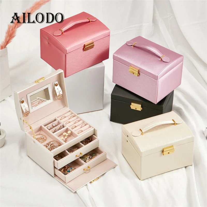 

Ailodo High Capacity PU Leather Jewelry Box Organizer Storage Box Multilayers Earring Necklaces Rings Packaging Display Case
