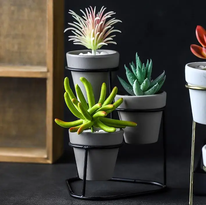 Modern 3 In 1 Pottery Planters Small Flower Pots with Gold Black Metal Stands Decorative Tabletop Ornaments Home Decoration