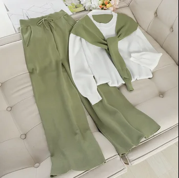 

2020 Spring and Autumn New Shawl Fake Two-Piece Sweater Jumpers + Casual Trousers Two-Piece Women Loose Knitting Pants Set